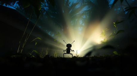 Experience a captivating cinematic scene: a tiny hero, bug-sized, bravely explores a lush backyard jungle.  Volumetric lighti