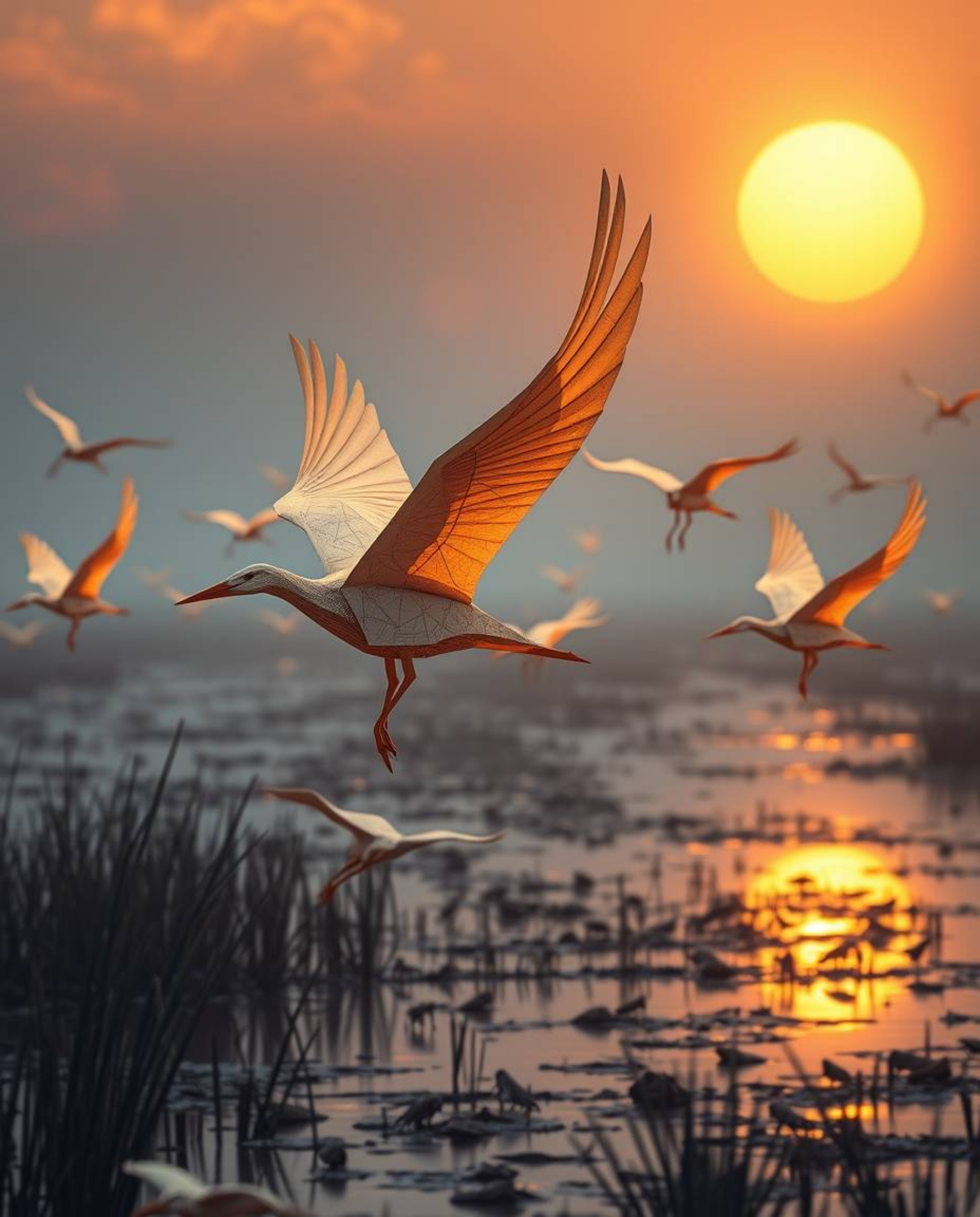 A grand, epic scene unfolds with intricate origami-style herons taking flight during the golden hour in a wetland setting. Re