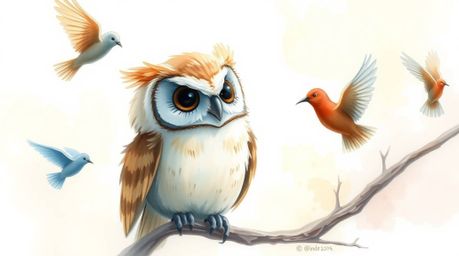 A delicate watercolor painting depicts a blind owl, rendered in a Pixar-inspired style, gently encouraging birds to take flig