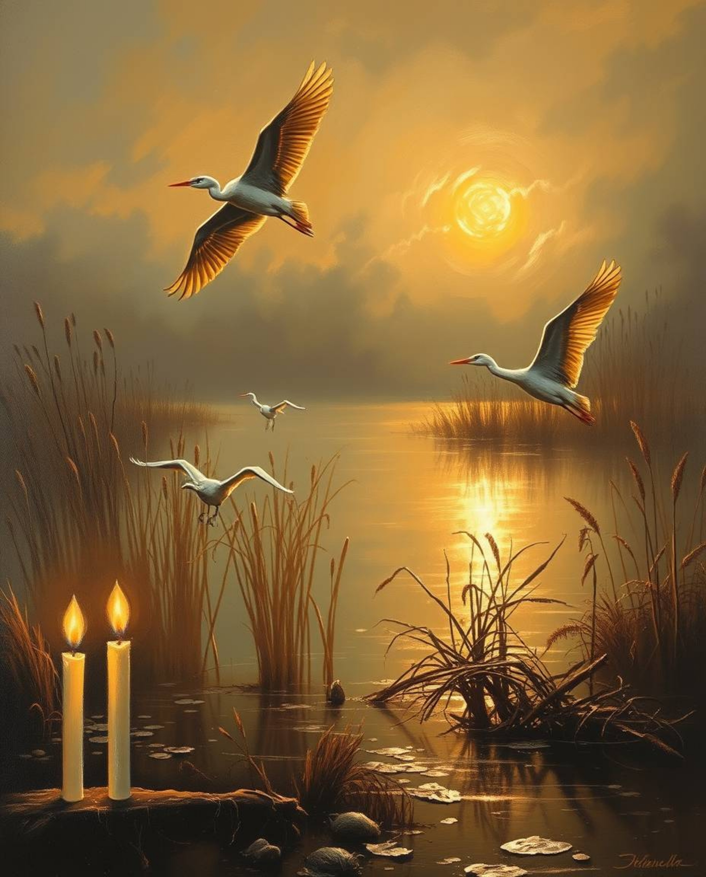 A classic oil painting depicting a golden hour wetlands scene with herons in flight. The artwork is beautifully illuminated b