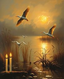 A classic oil painting depicting a golden hour wetlands scene with herons in flight. The artwork is beautifully illuminated b