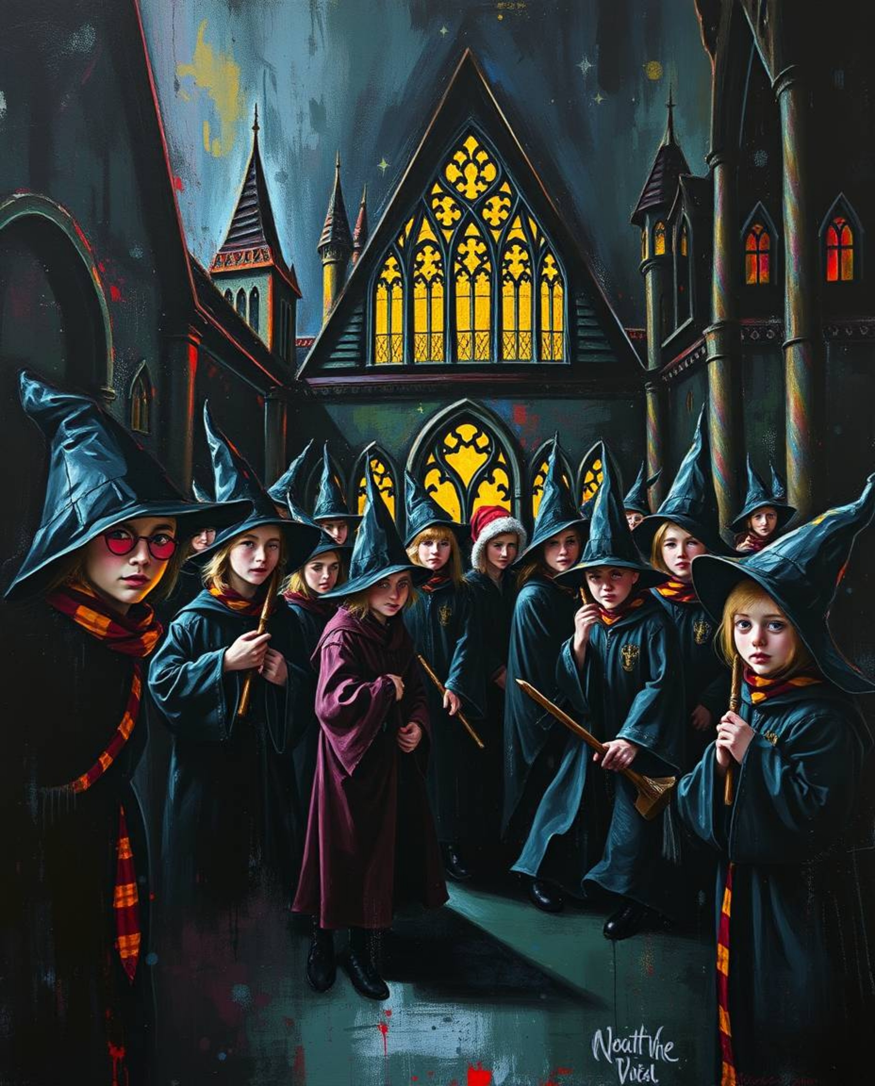 Immerse yourself in a magical school teeming with young wizards, brought to life as a bold acrylic painting in intense jet bl