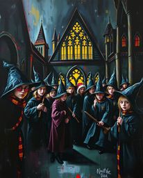 Immerse yourself in a magical school teeming with young wizards, brought to life as a bold acrylic painting in intense jet bl