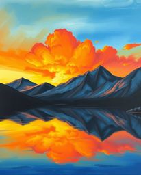 An acrylic painting featuring bold colors and smooth gradient transitions depicts the vibrant reflections of fiery clouds in 