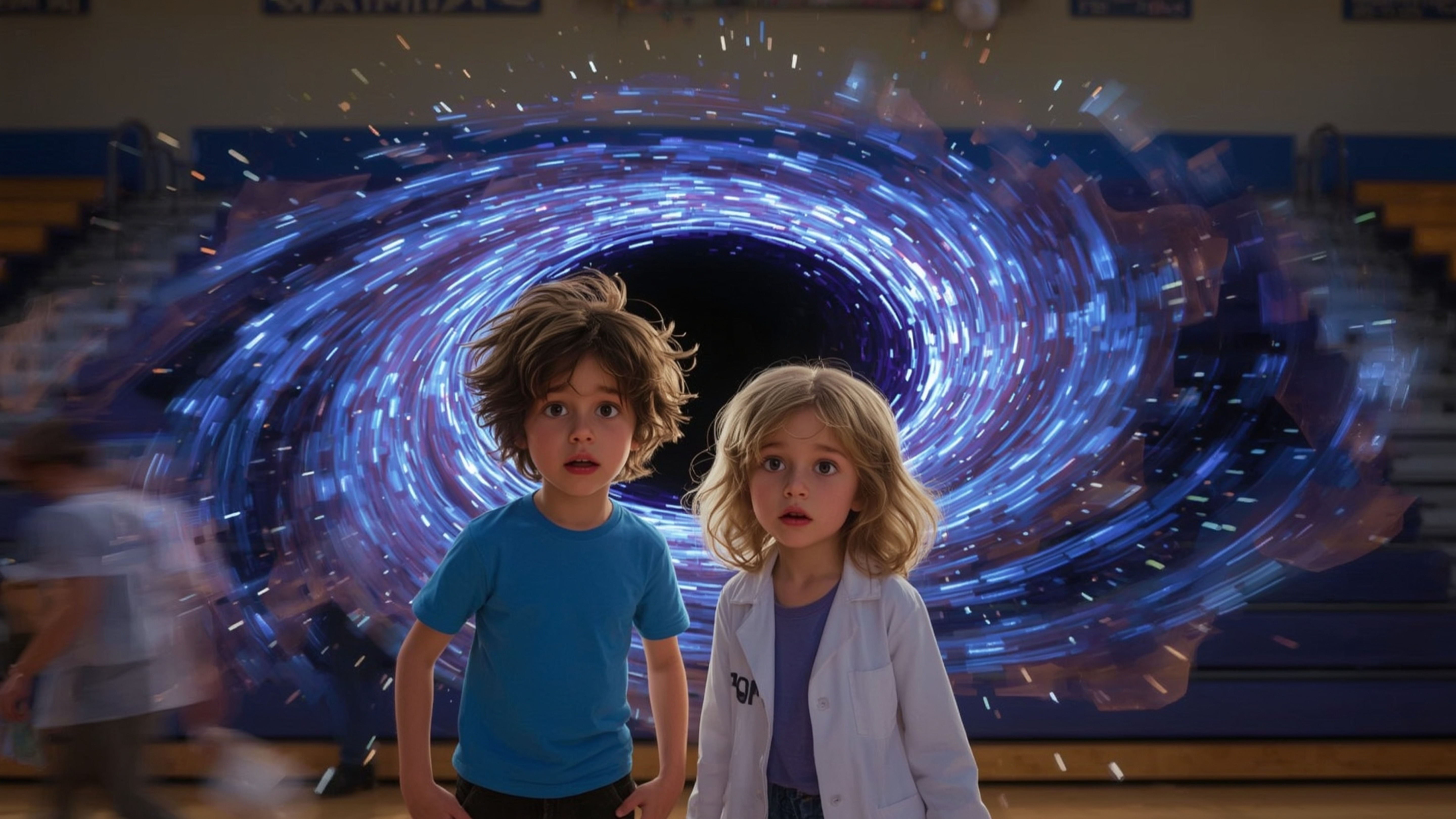 A vibrant, cinematic photograph of two enthusiastic science fair contestants, resembling Pixar characters, standing amidst th