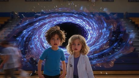 A vibrant, cinematic photograph of two enthusiastic science fair contestants, resembling Pixar characters, standing amidst th