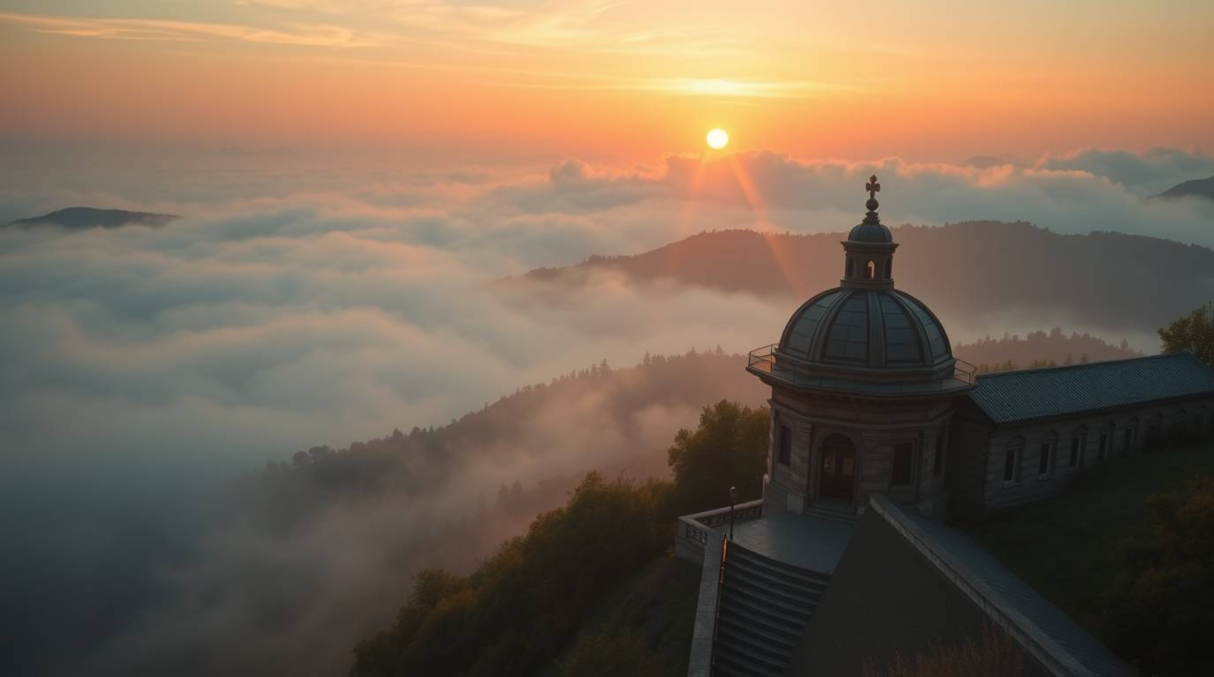 A stunning architectural photograph captures the radiant beauty of fog-covered hills bathed in warm golden sunset light.  The
