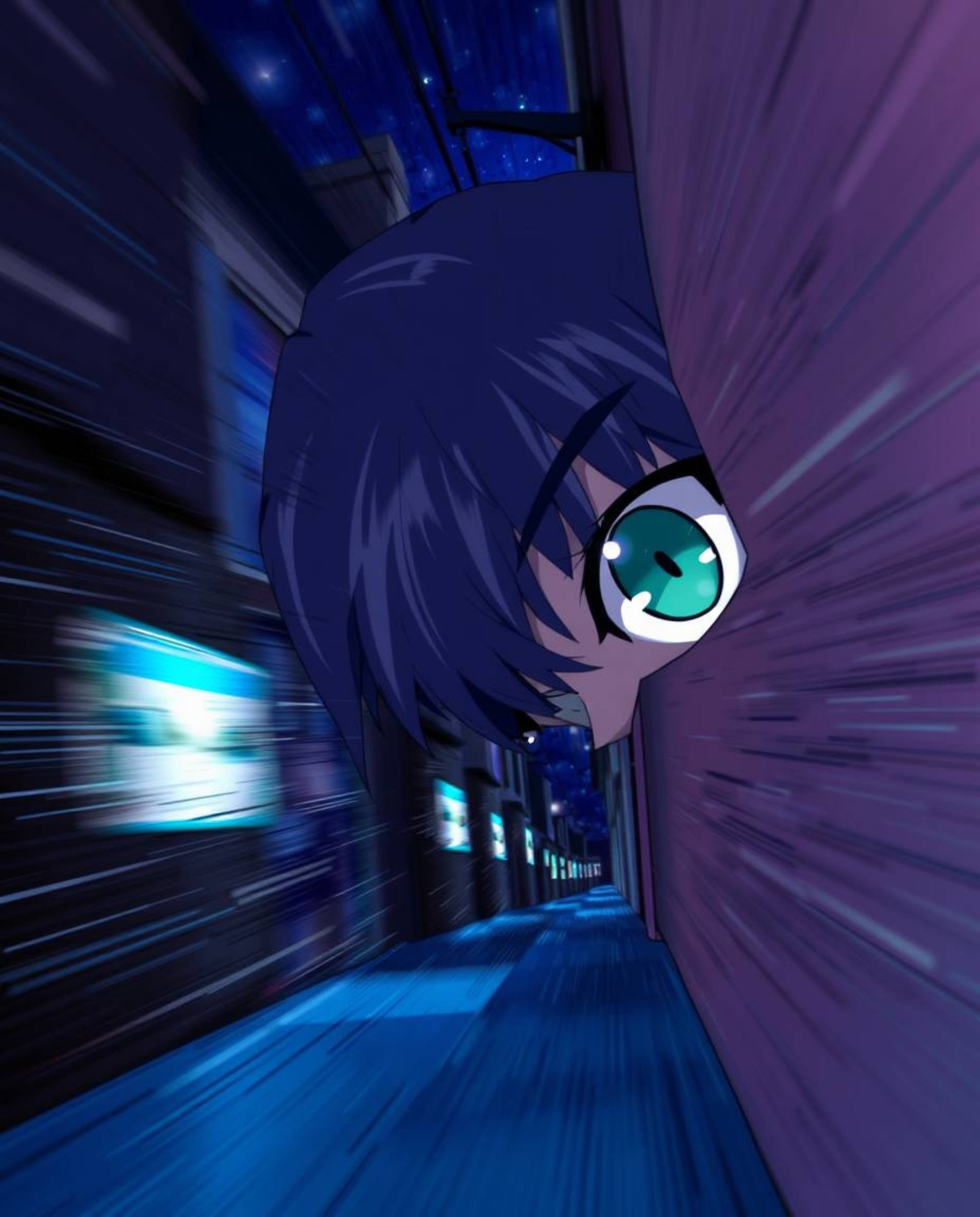 Experience an isekai-inspired anime illustration featuring dynamically watching eyes lurking from a dimly lit alley at night.