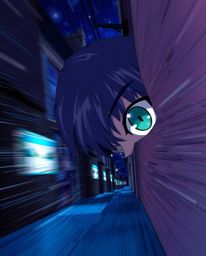 Experience an isekai-inspired anime illustration featuring dynamically watching eyes lurking from a dimly lit alley at night.