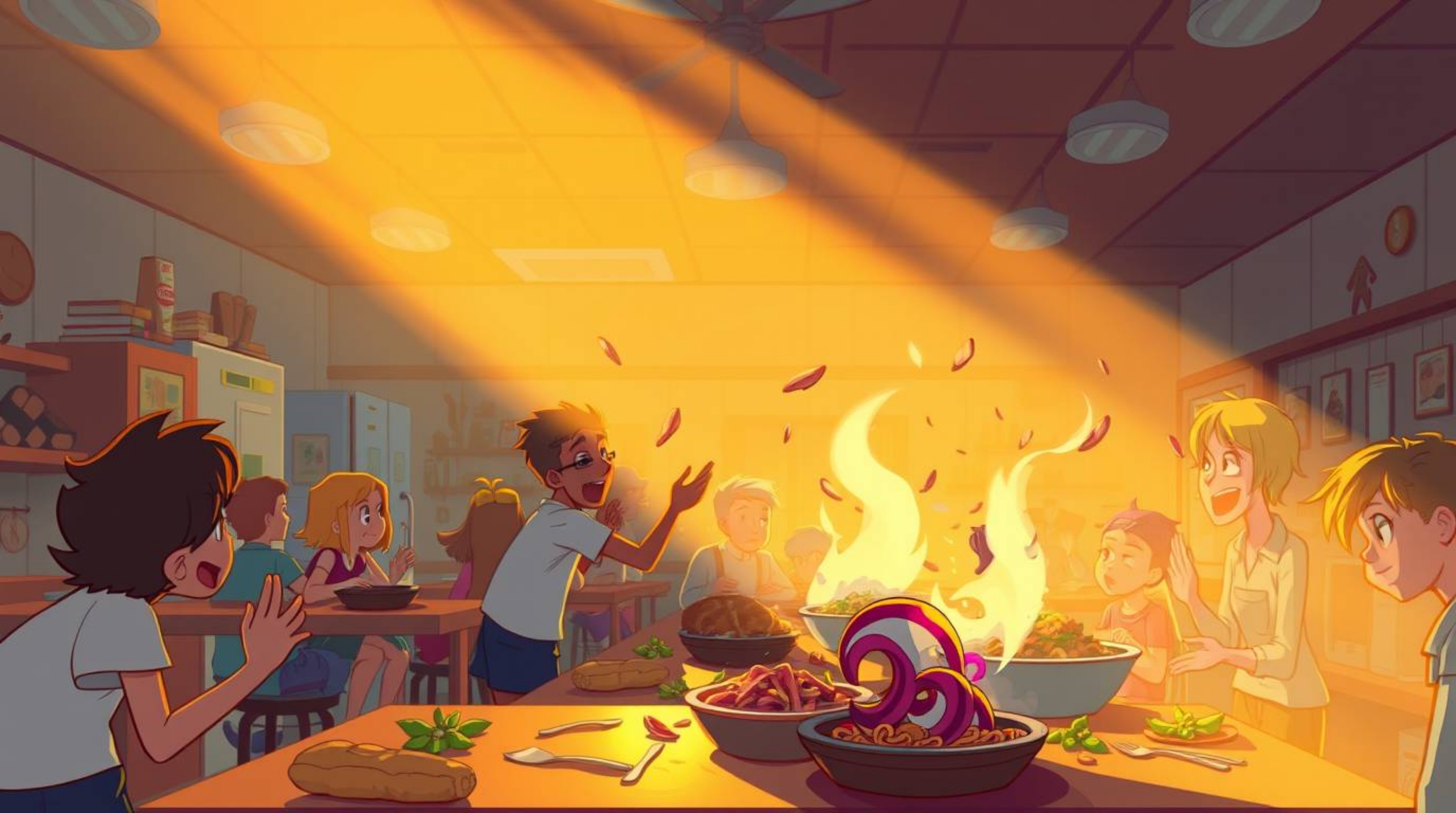 Experience a whimsical and chaotic food fight within the vibrant walls of a cartoon cafeteria, infused with an unexpected eth
