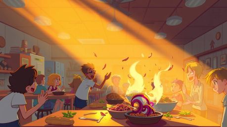 Experience a whimsical and chaotic food fight within the vibrant walls of a cartoon cafeteria, infused with an unexpected eth