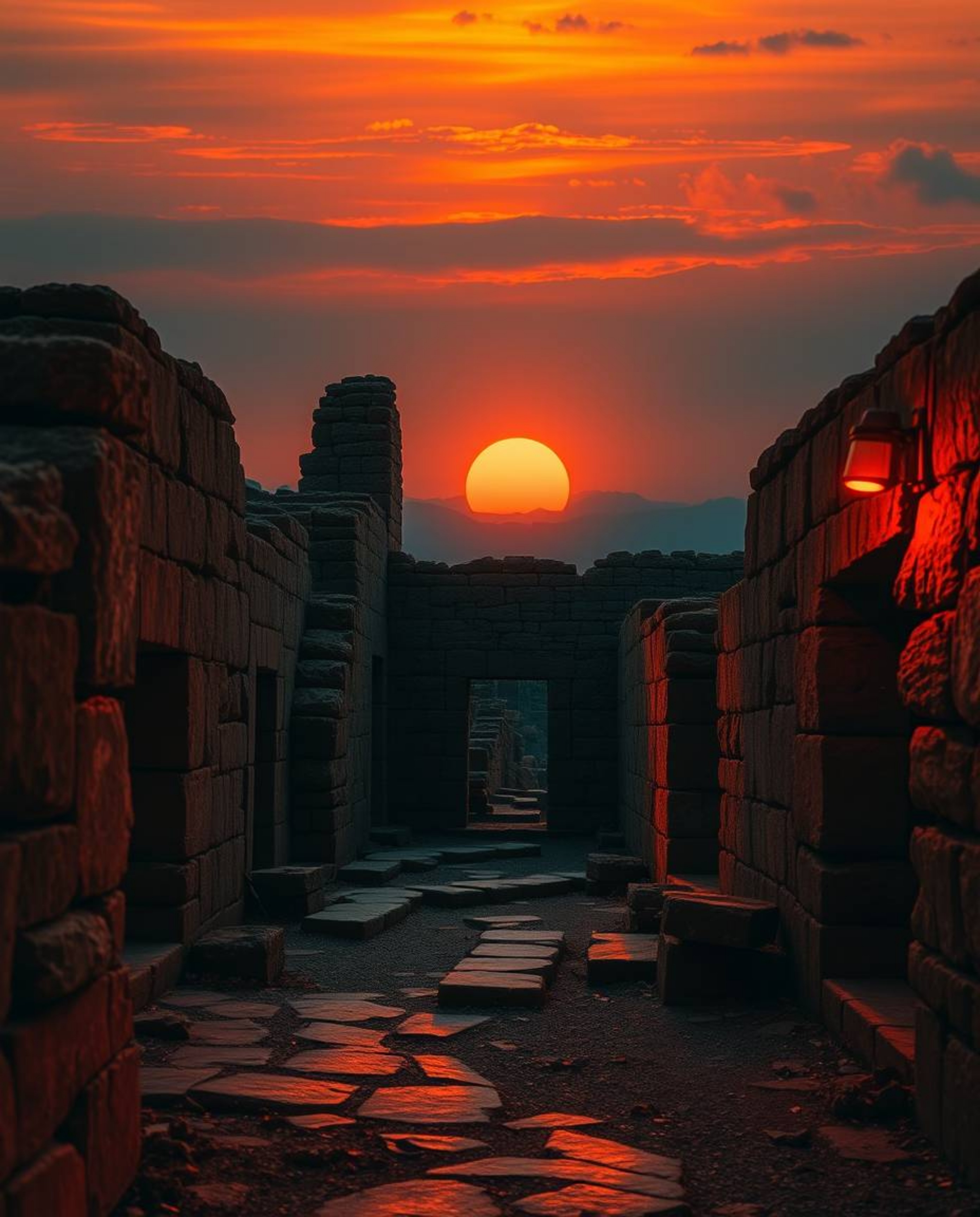 Experience ancient stone ruins at sunset, reimagined through a creative light art style. The scene is bathed in warm autumnal