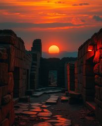Experience ancient stone ruins at sunset, reimagined through a creative light art style. The scene is bathed in warm autumnal