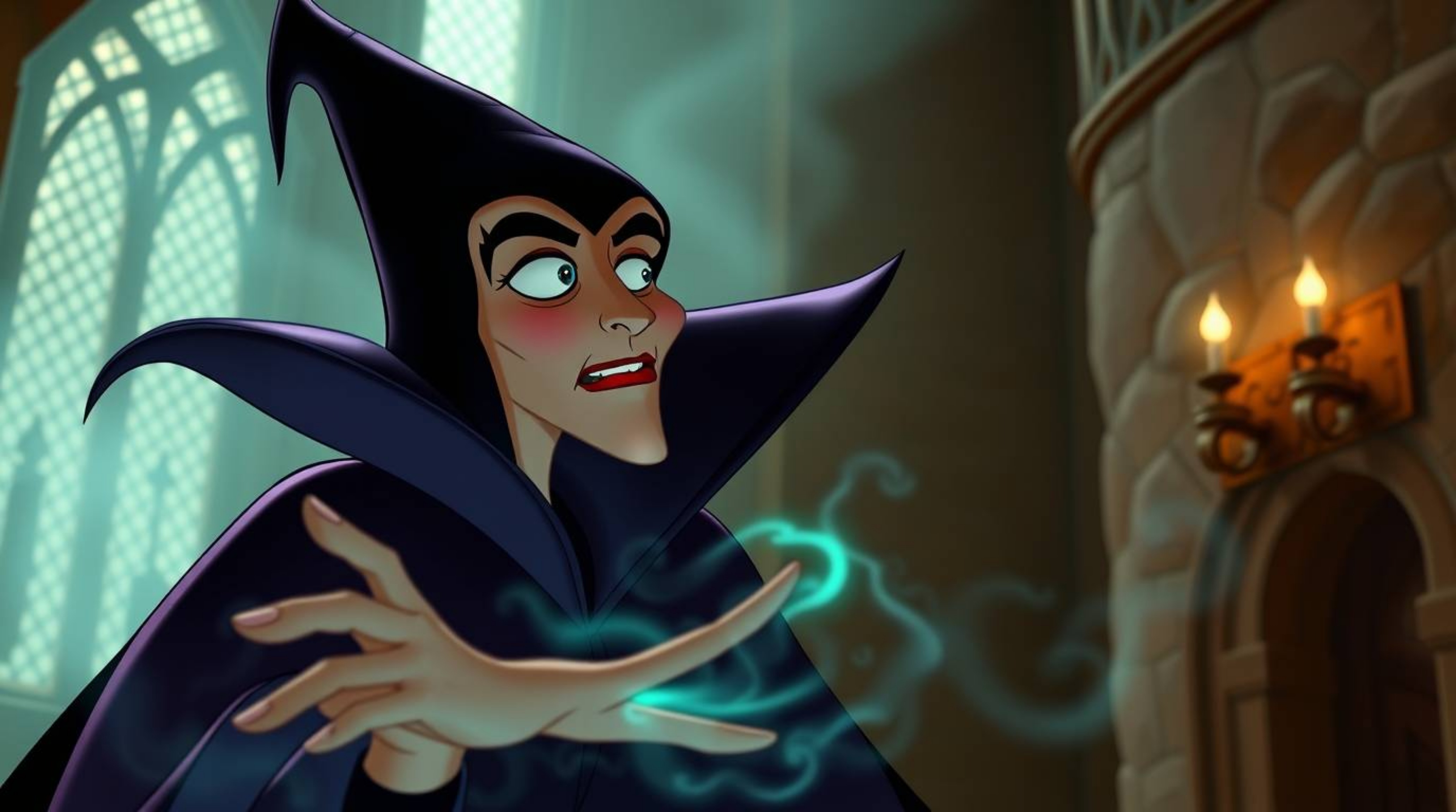 A classic Disney villain with refined features is casting a spell in an old castle, surrounded by a soft, dreamy atmosphere c