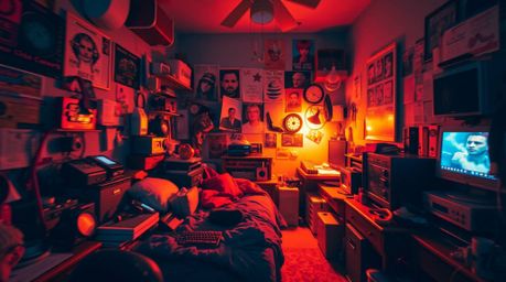 A captivating long exposure photograph captures a chaotic yet strangely alluring bedroom scene.  The room is a whirlwind of c