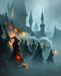 Explore a magical school brimming with young wizards in this digital painting. Featuring a misty atmosphere and rough, painte