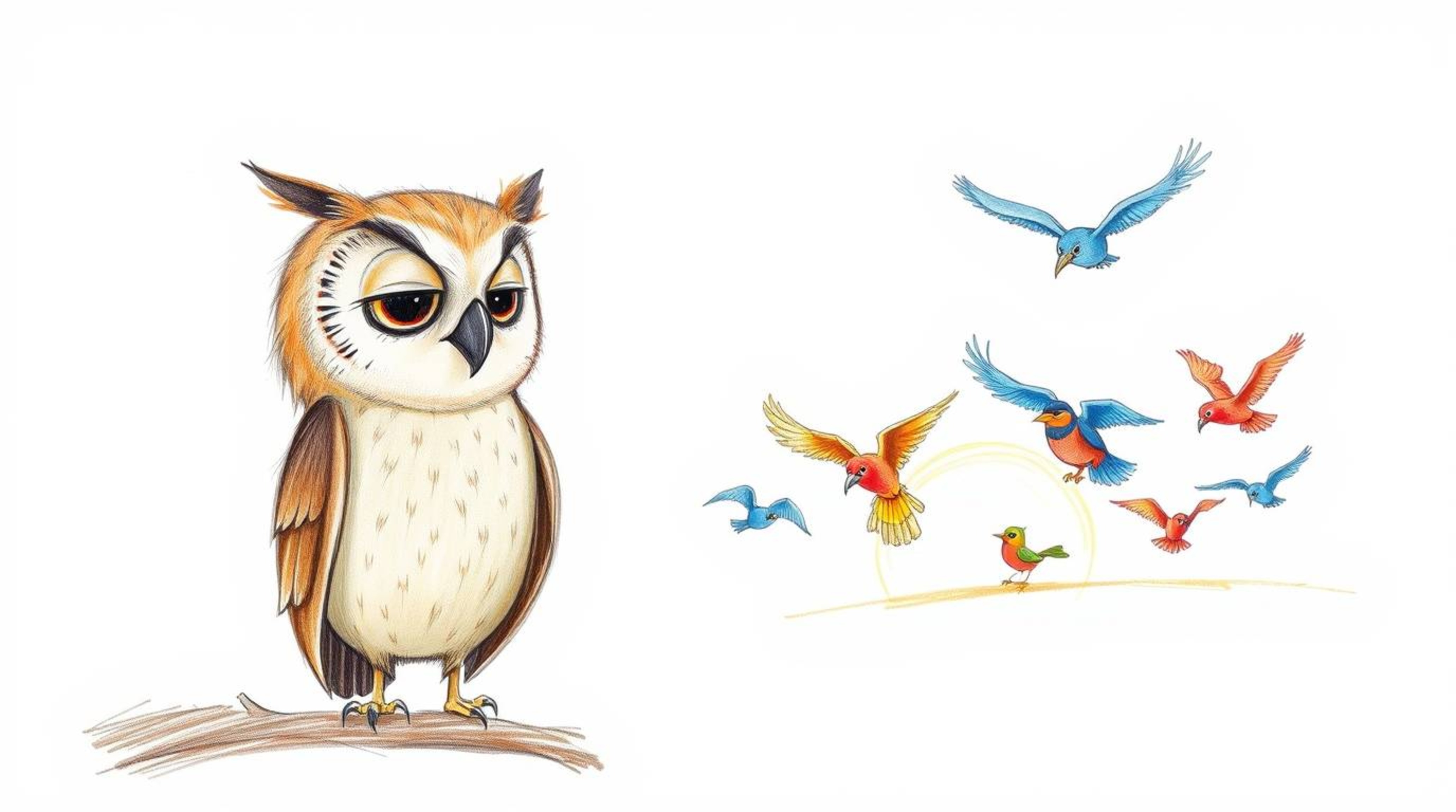 A heartwarming hand-drawn sketch in the style of Pixar depicts a blind owl with soft, feathery textures, gently teaching a cl