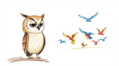 A heartwarming hand-drawn sketch in the style of Pixar depicts a blind owl with soft, feathery textures, gently teaching a cl