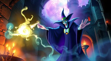 A captivating depiction of a classic Disney villain casting a spell within the walls of an ancient castle.  The artwork boast