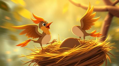 Witness two adorable cartoon birds dynamically building their nest in a classic animation style. The scene is radiant with a