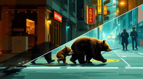 This captivating digital artwork portrays a bear family embarking on an exciting urban adventure. The piece is divided into d