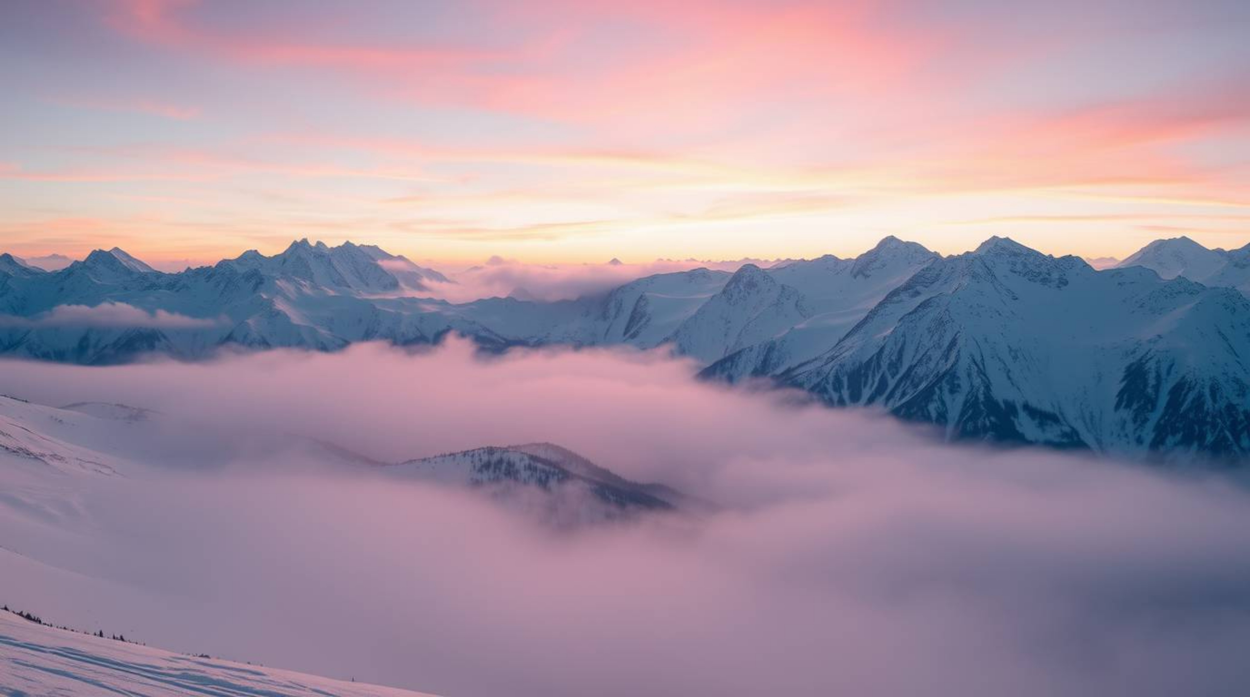 Immerse yourself in a dreamlike atmosphere with snow-covered mountains glowing under a soft pastel sunset. This scene evokes 