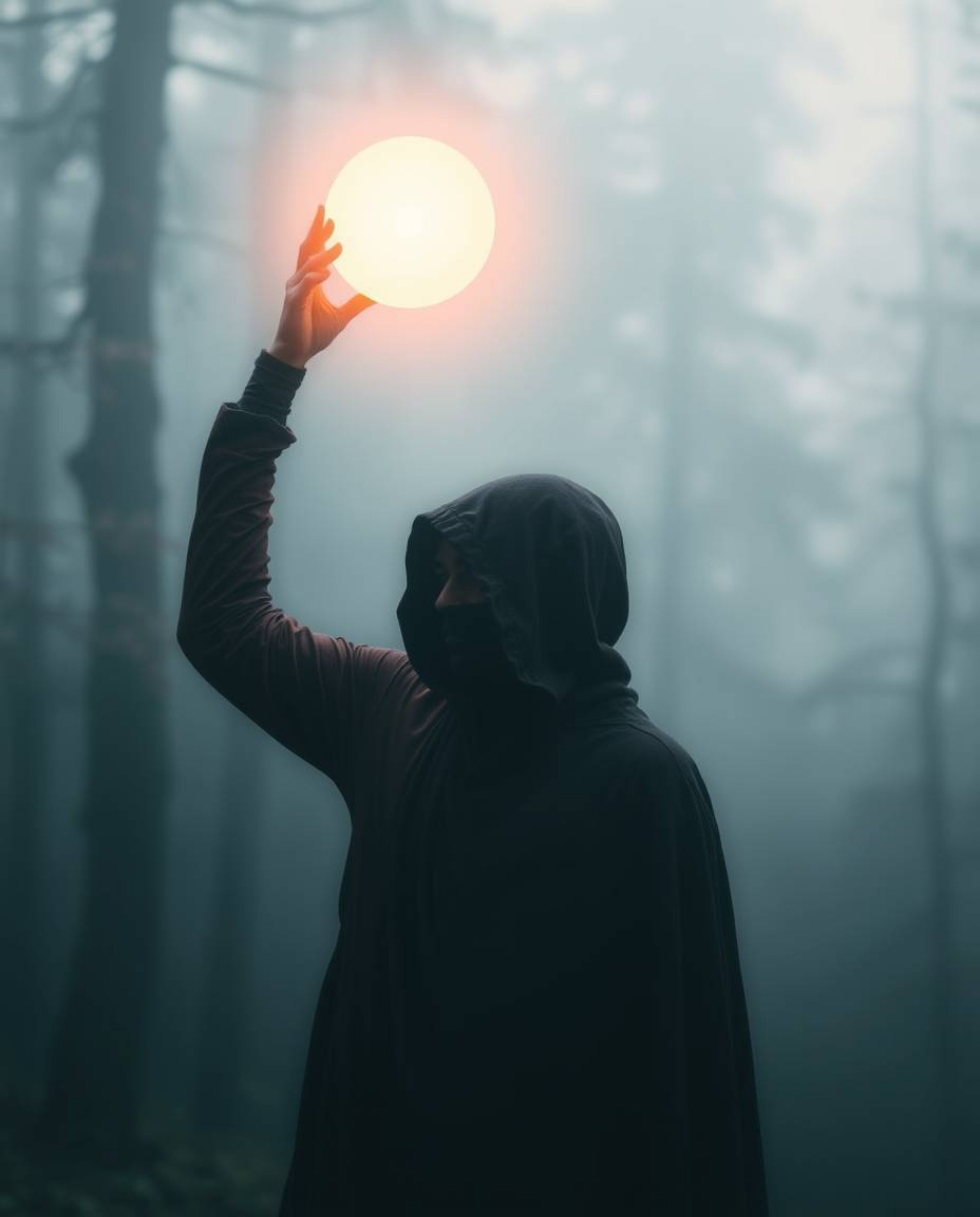 A captivating image of a cloaked figure standing in a misty forest, holding aloft a glowing orb.  The scene is rendered in so