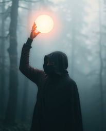 A captivating image of a cloaked figure standing in a misty forest, holding aloft a glowing orb.  The scene is rendered in so