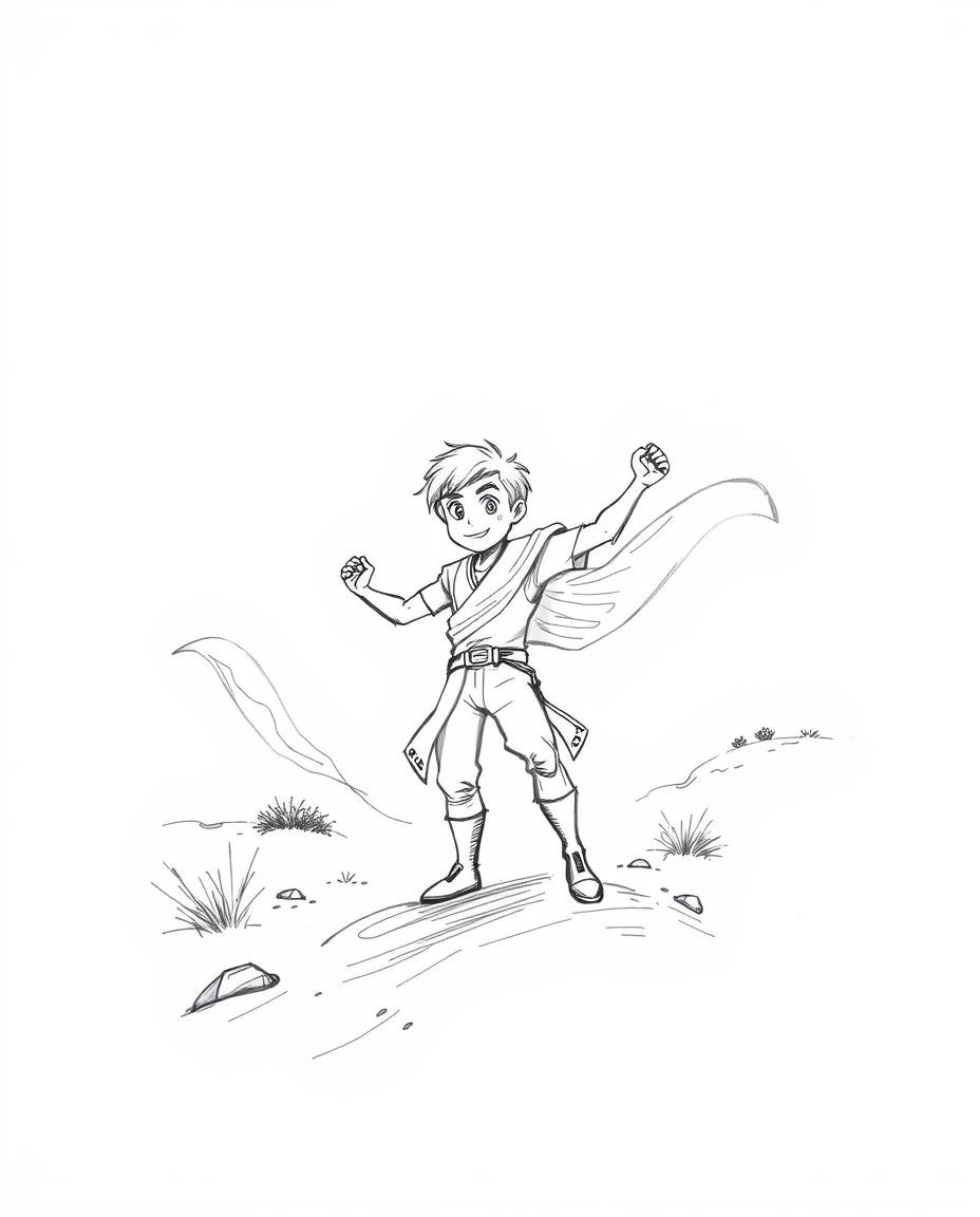 Embark on a thrilling Disney-style desert adventure with a brave hero, captured in a timeless black and white hand-drawn sket