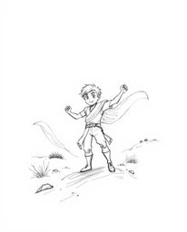 Embark on a thrilling Disney-style desert adventure with a brave hero, captured in a timeless black and white hand-drawn sket