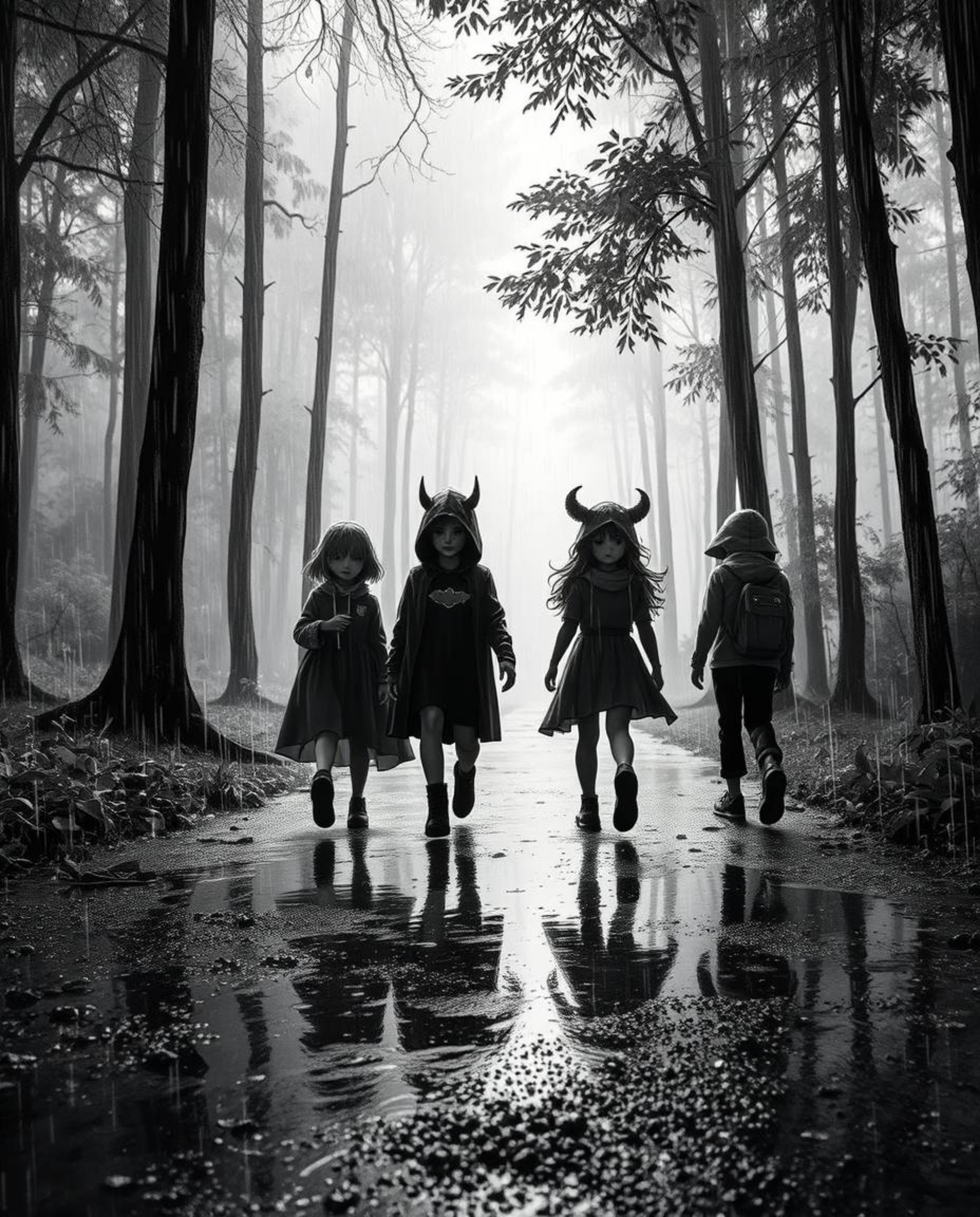 A captivating black and white scene depicts a group of friends, each possessing unique powers, venturing through a mystical f