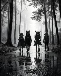 A captivating black and white scene depicts a group of friends, each possessing unique powers, venturing through a mystical f