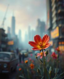A captivating acrylic painting showcasing a striking contrast: vibrant, sharply focused flowers bloom amidst the soft, hazy b