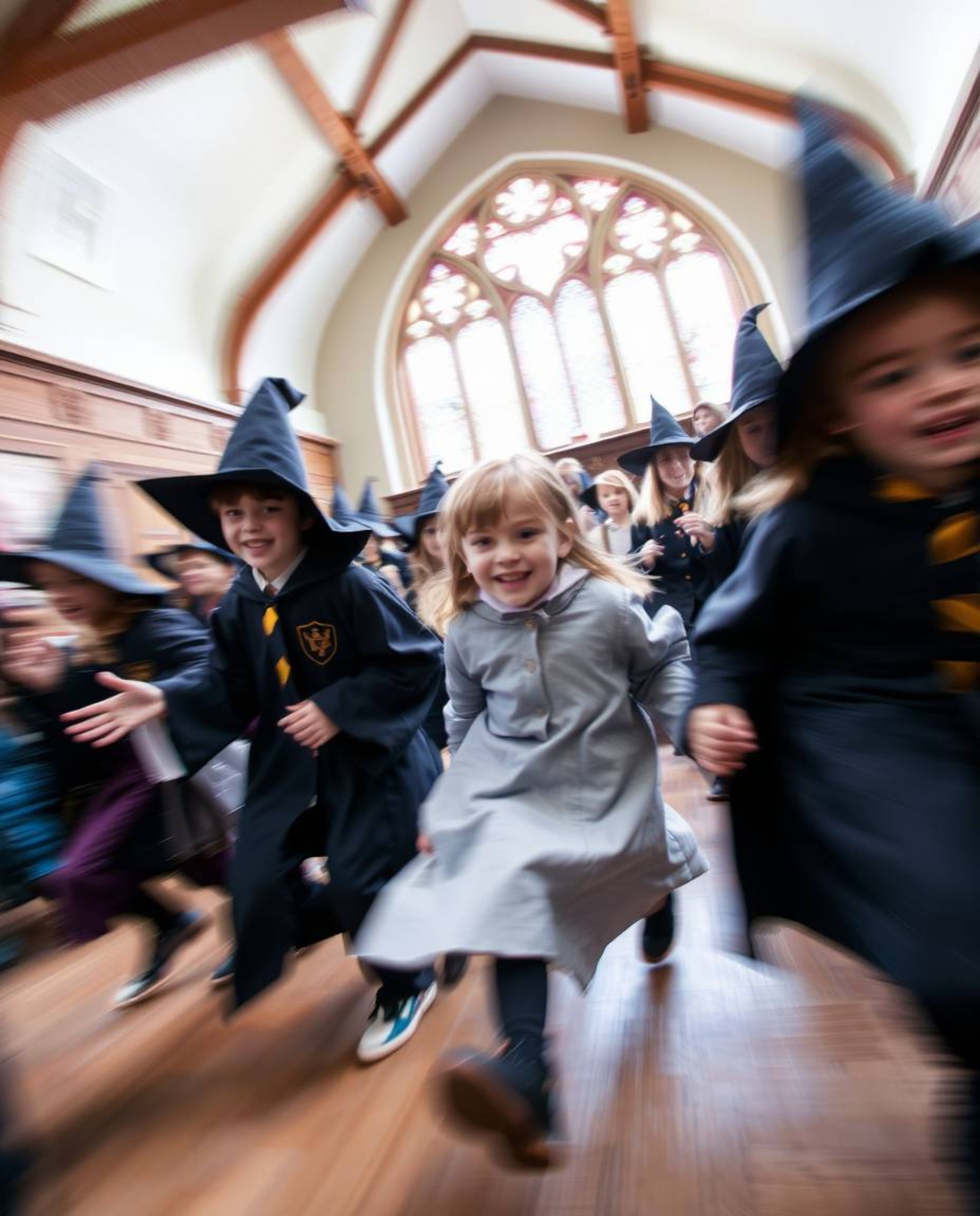 Experience the thrill of a magical school teeming with young wizards, captured in dynamic motion. Blurred lines and action po