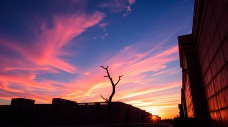 Captivating architectural color photography showcasing a lone tree silhouetted against a fiery sunset.  The image features br