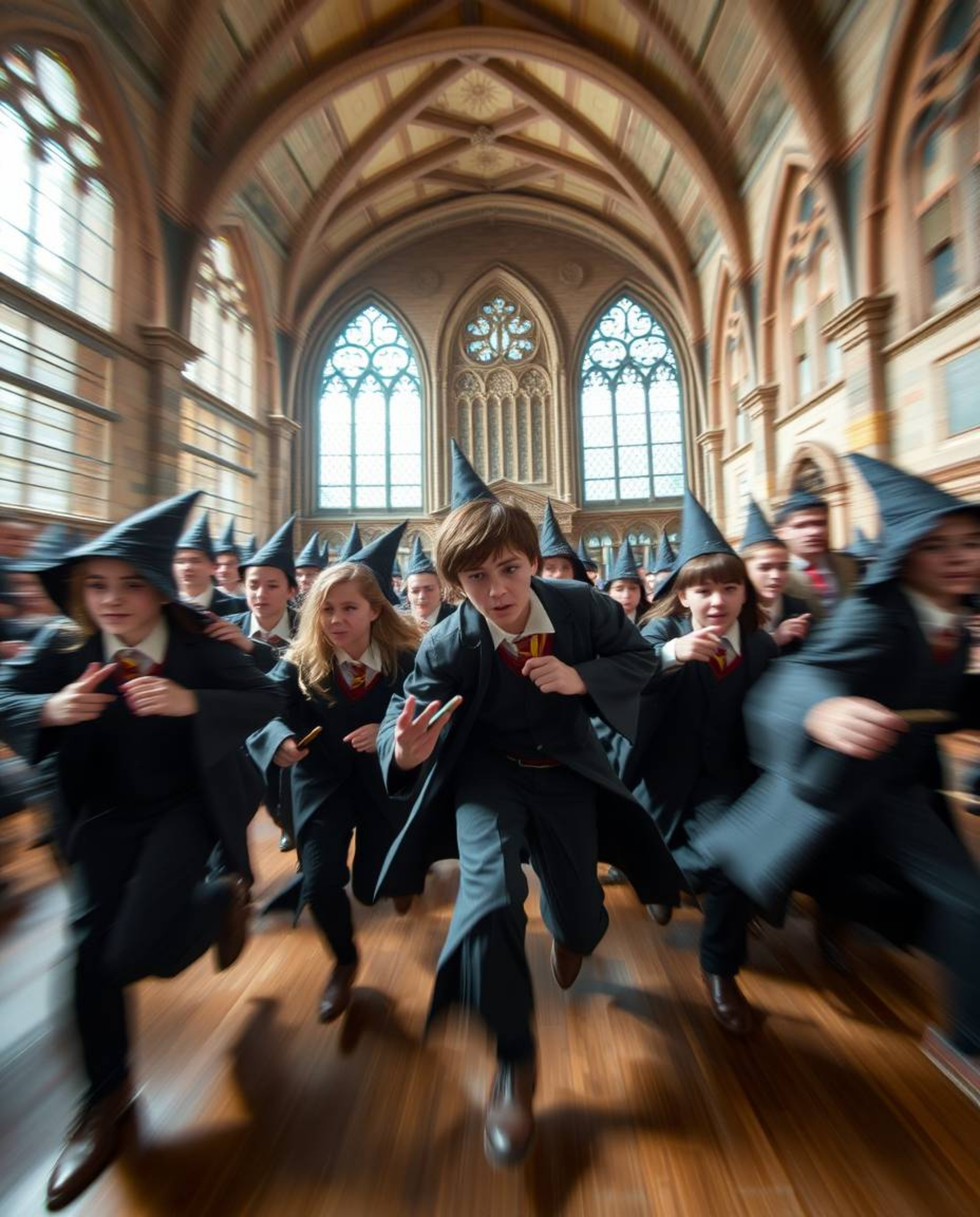 Capture the vibrant energy of a magical school bustling with young wizards in motion. This dynamic image features blurred lin
