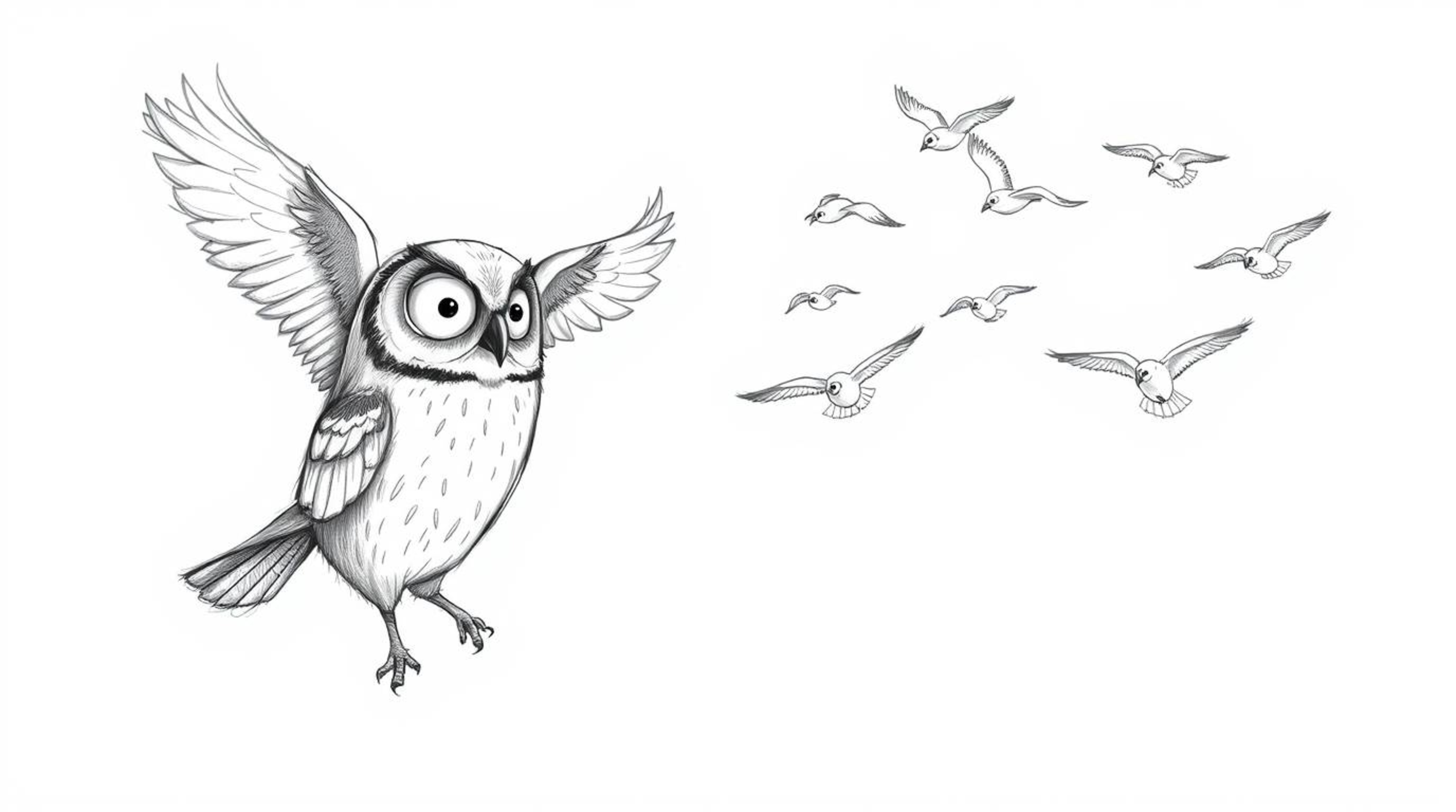 A Pixar-style hand-drawn sketch showcases a serene blind owl with detailed plumage, textured by pencil strokes. The owl calml