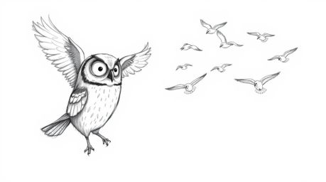 A Pixar-style hand-drawn sketch showcases a serene blind owl with detailed plumage, textured by pencil strokes. The owl calml