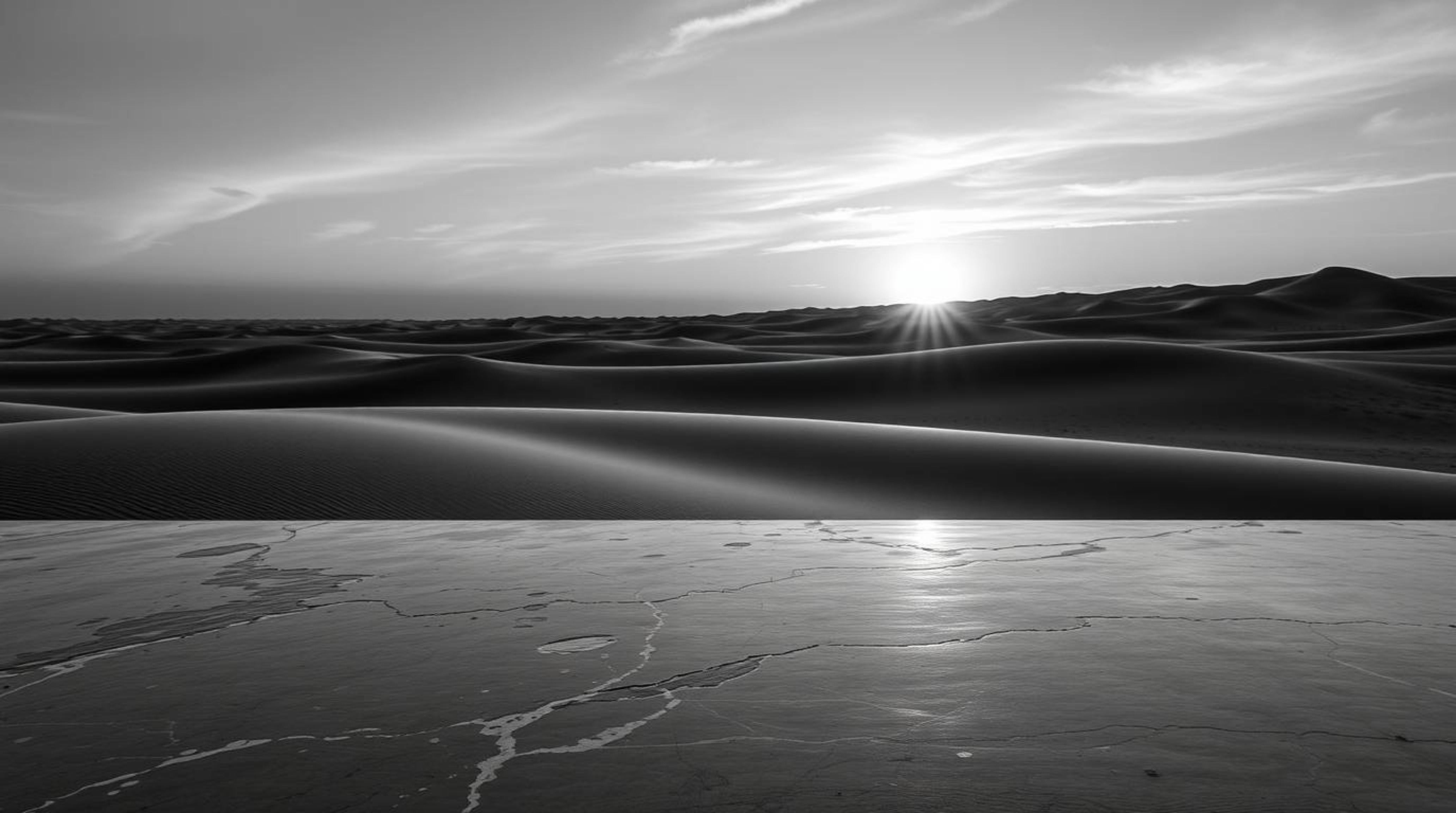 This stunning classic black and white photograph captures a breathtaking sunset at the edge of a desert, showcasing golden du