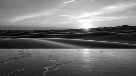 This stunning classic black and white photograph captures a breathtaking sunset at the edge of a desert, showcasing golden du
