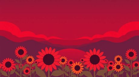 A captivating illustration showcases a modern flat design of a sunflower field bathed in the warm glow of a deep red and purp