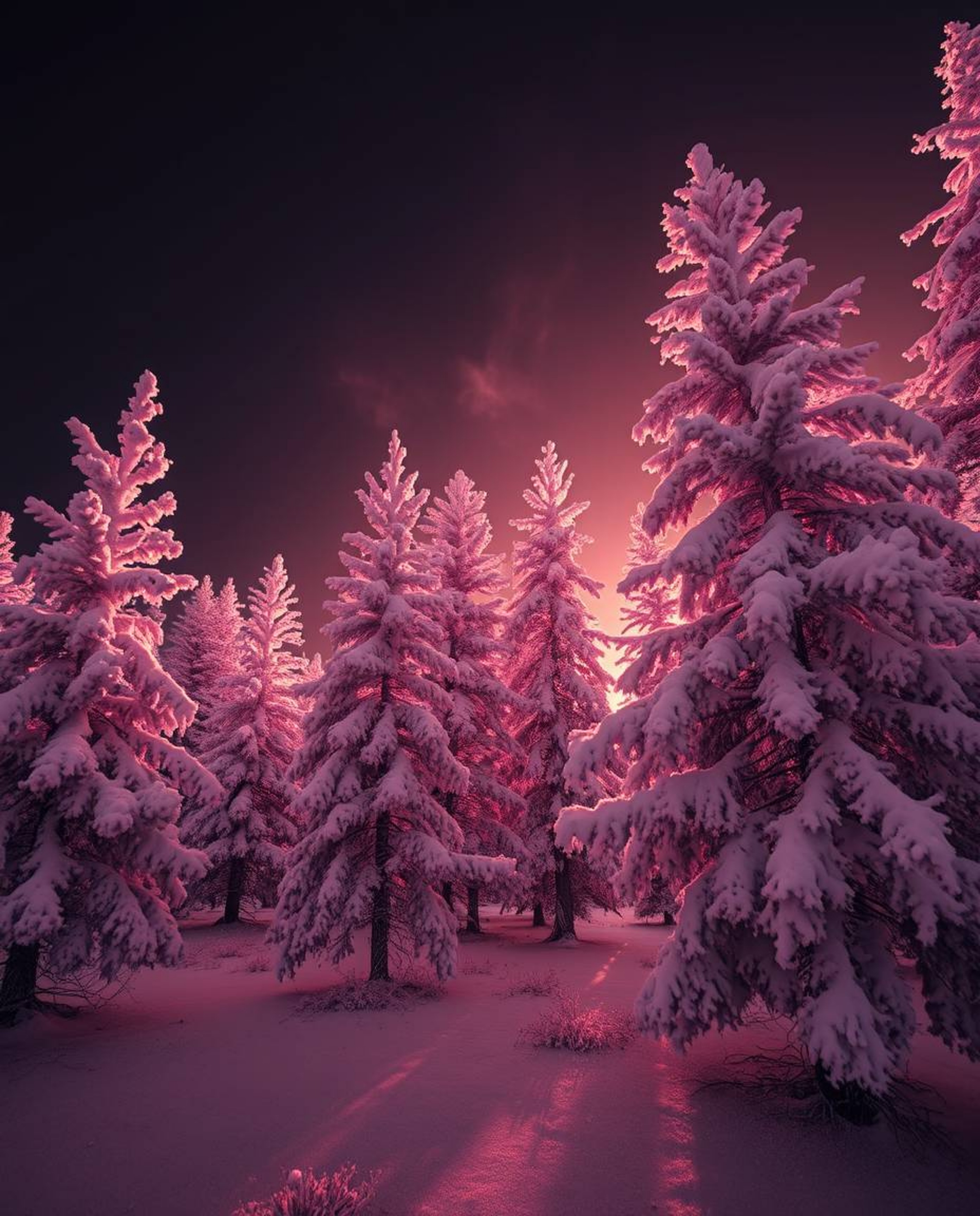 A surreal infrared photograph captures snowy pine trees bathed in sunset light, creating an eerie and creepy atmosphere. This