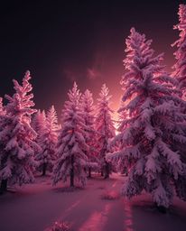 A surreal infrared photograph captures snowy pine trees bathed in sunset light, creating an eerie and creepy atmosphere. This