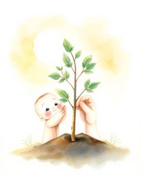 A charming watercolor painting depicts adorable hands planting a tree under a soft, golden sky.  The artwork features delicat