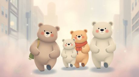 A heartwarming depiction of a bear family embarking on an urban adventure, rendered in soft pastel colors to evoke an etherea