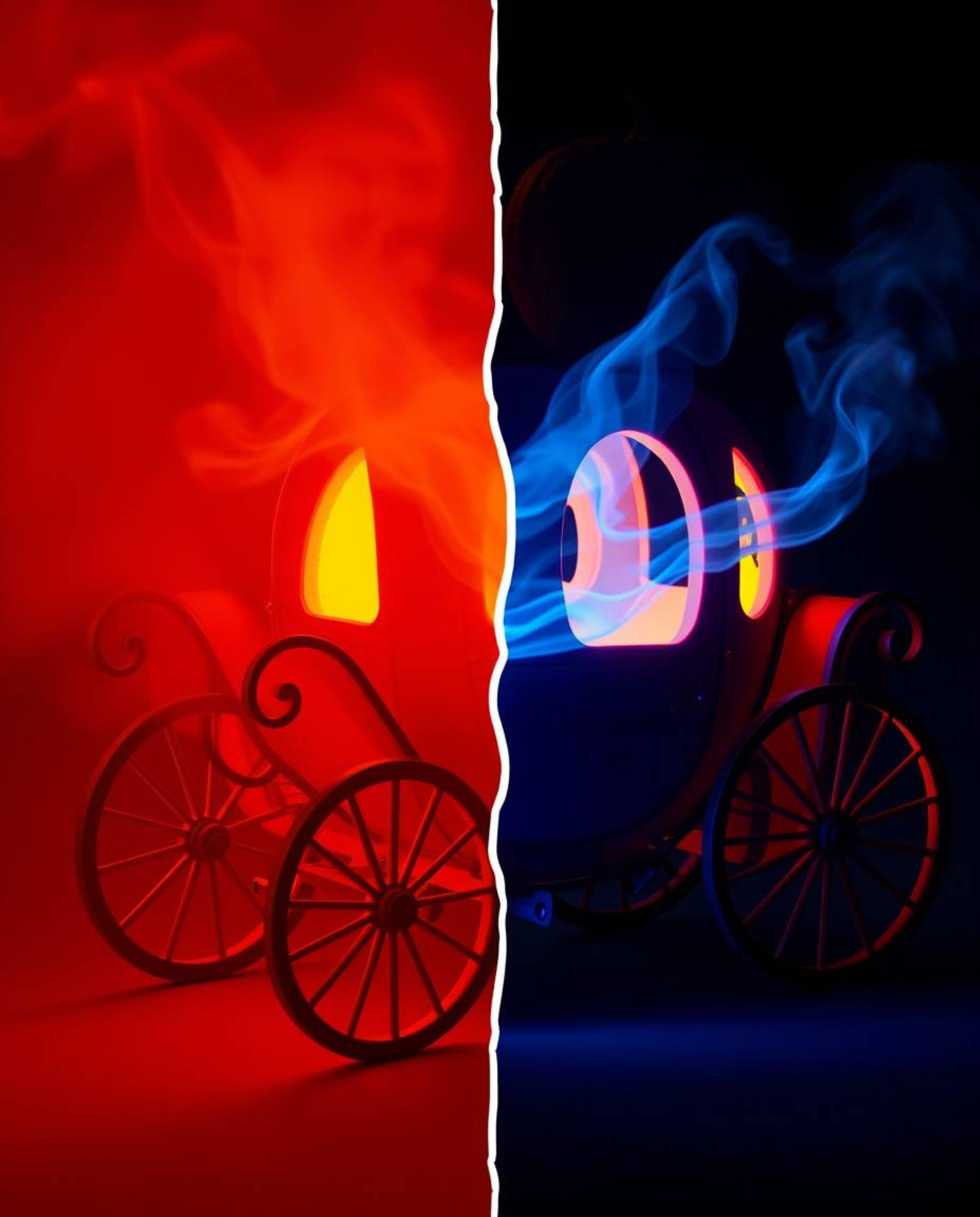 Witness a mesmerizing transformation of a pumpkin into a carriage, bathed in vibrant bioluminescent colors.  This digital art
