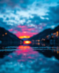 A photographic image of a glassy fjord reflecting a sunset in electric vivid colors. The composition features a sharp subject