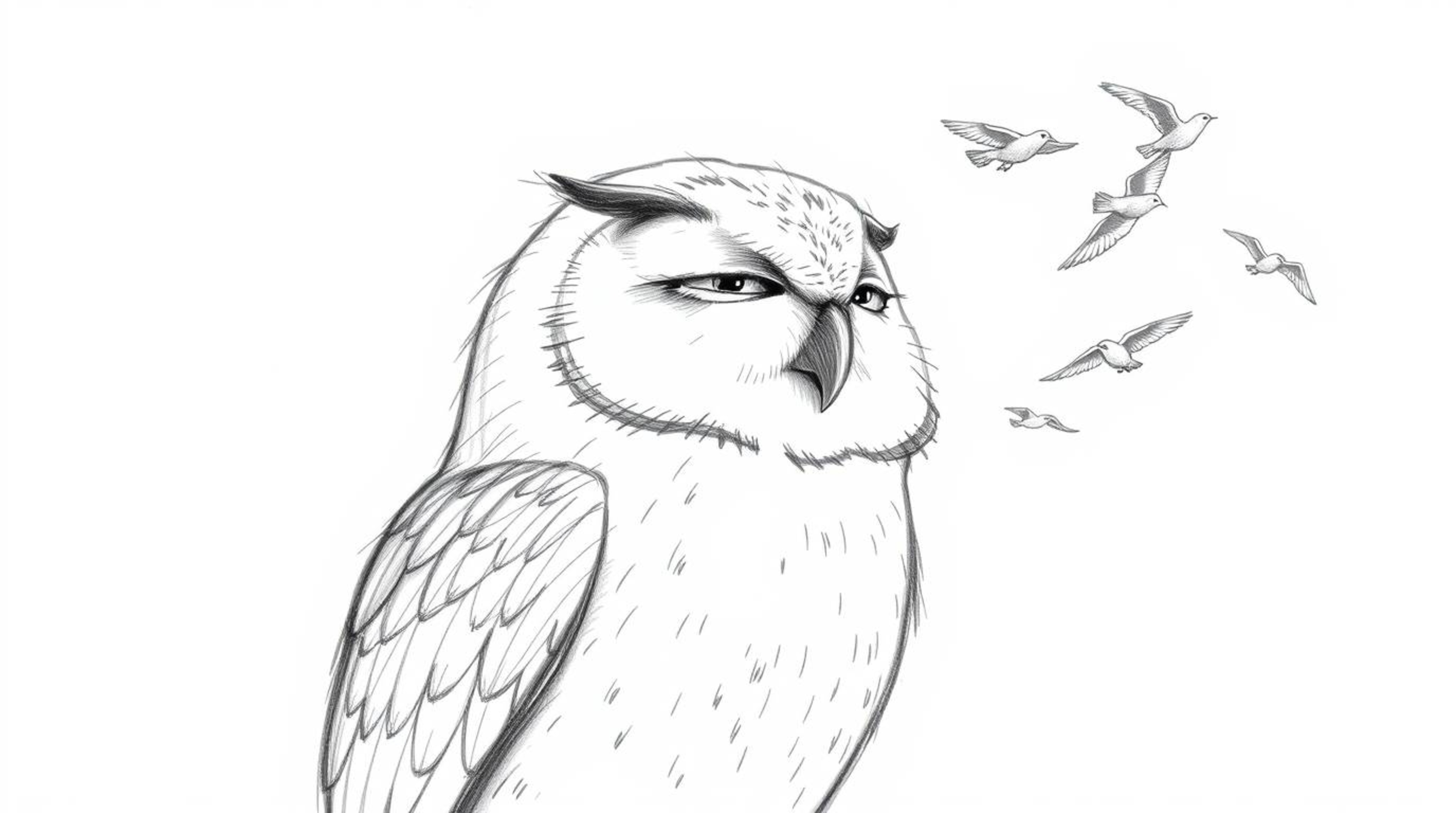 A Pixar-style hand-drawn sketch of a blind owl with its head tilted, listening intently to the flapping of birds' wings. The 