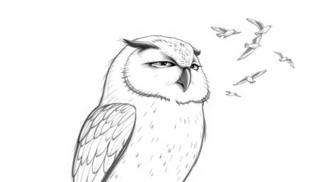 A Pixar-style hand-drawn sketch of a blind owl with its head tilted, listening intently to the flapping of birds' wings. The 