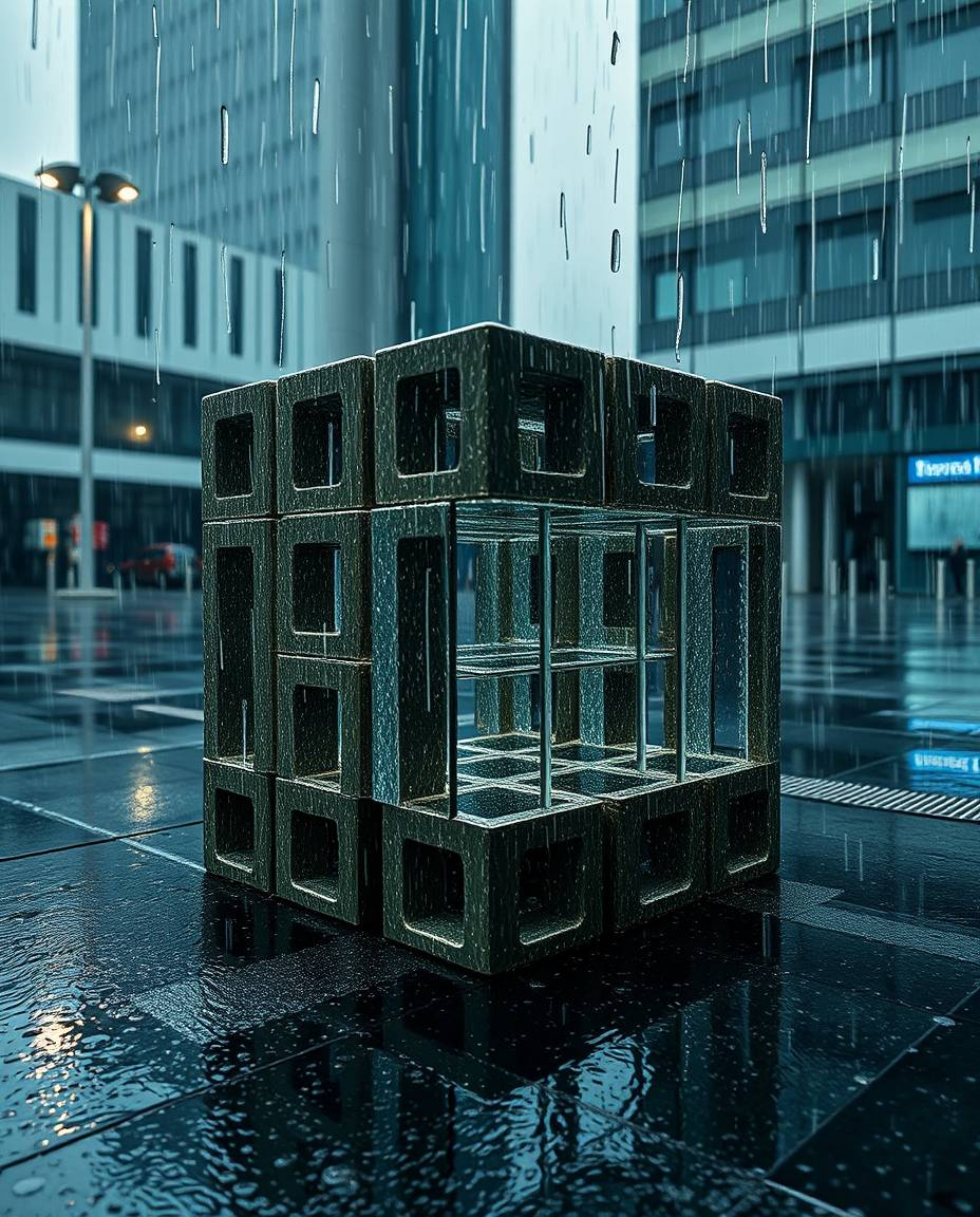 This artwork depicts a captivating wet, rainy scene where a repetitive cube pattern unfolds in the style of Escher's impossib